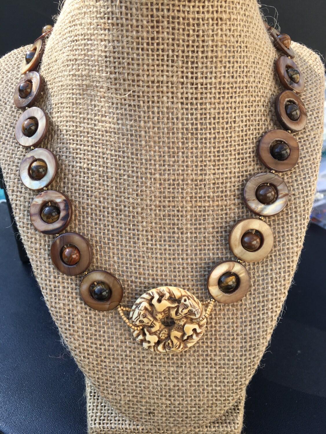 Carved Camel bone focal piece monkey necklace. by LorileensThings