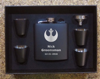 Star Wars Rebel Alliance Wedding Groomsman Black Flask Set Valentines Birthday Christmas Gift