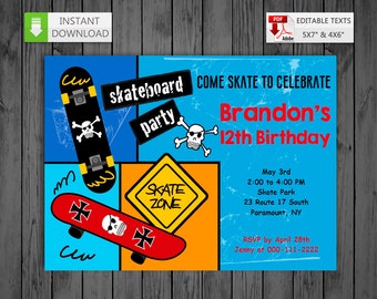 Printable invitation Skateboard in PDF with Editable Texts, Boy Skating party Invitation, edit and print yourself! Instant Download!