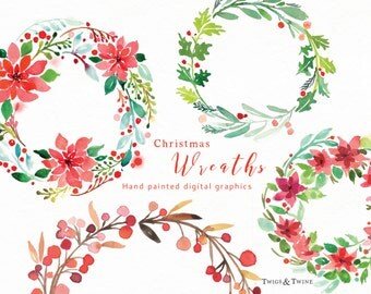 Christmas Wreaths Clipart Set. Holiday clipart. Hand Painted watercolours made into digital graphics.