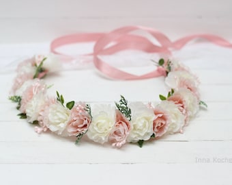 Blush pink ivory rose flower crown Flower girl crown Flower hair wreath Wedding flower crown Floral crown Flower halo Toddler flower crown