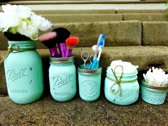 Mason Jar Decor. Mason Jar Bathroom Set. Bathroom Storage.