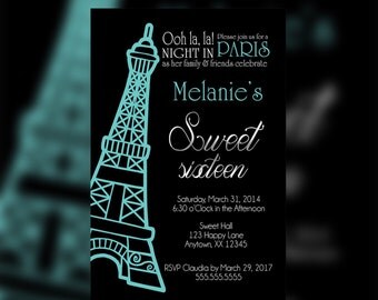 A Night in Paris Invitation, Paris Birthday Invitation, Paris Invitation, Paris Birthday, Eiffel Tower teal Invitation, Paris Sweet Sixteen