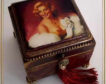 Hand Decorated Box, Old Antique box, Hand decorated wooden box with elements of decoupage , jewelry box , Antique Jewelry Box,Trinket Box,