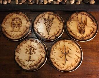 Lord of The Rings Coaster Set of 5,Handmade Wood Burned Laser Etched, LOTR