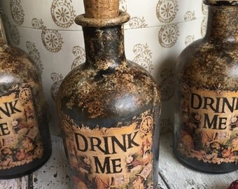Steampunk Bottle. Gothic Bottle. Goth. Steampunk Alice in Wonderland Bottle. Drink Me Bottle. Gothic Home Decor. Alice in Wonderland Decor.