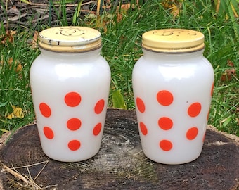 Vintage Anchor Hocking Fire King Red Dots Salt and Pepper Shakers