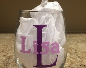 Items similar to Monogrammed Stemless White or Red Wine Glass