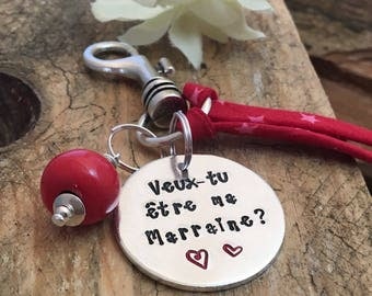 Hand Stamped Veux tu être ma Marraine?, Personalised French Godmother Keyring
