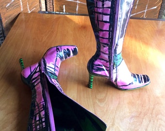 Boots, Hand Painted Boots, AKA Sorority Inc., Pink And Green, Movie Prop, Pink Boots, US Size 7, Mod Boots, Abstract Art Boots, Green Boots