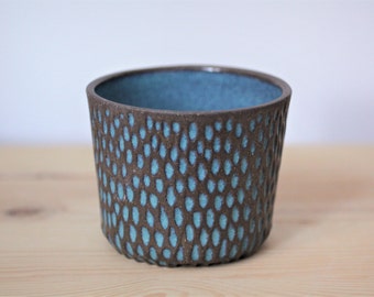 Carved Turquoise and Black Ceramic Planter – Handmade Pottery Planter – Ceramic Succulent Planter – Stoneware Plant Pot