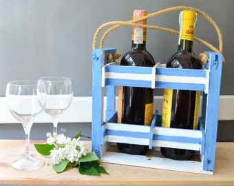 Wood wine holder, wine bottle storage rack, wine carrier case, wine tote caddy beach wedding cottage decor wine lover gift, wine crate stand