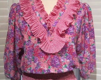 Vintage 1980s Mosaic Pink and Purple Floral Print Ruffled Top and Skirt Size Medium
