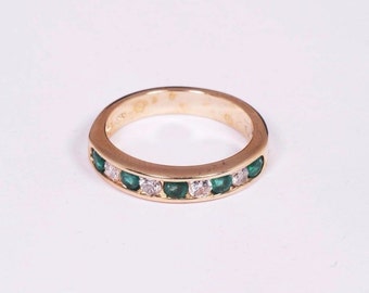 14K Yellow Gold Emerald and Diamond Band, size 6.5