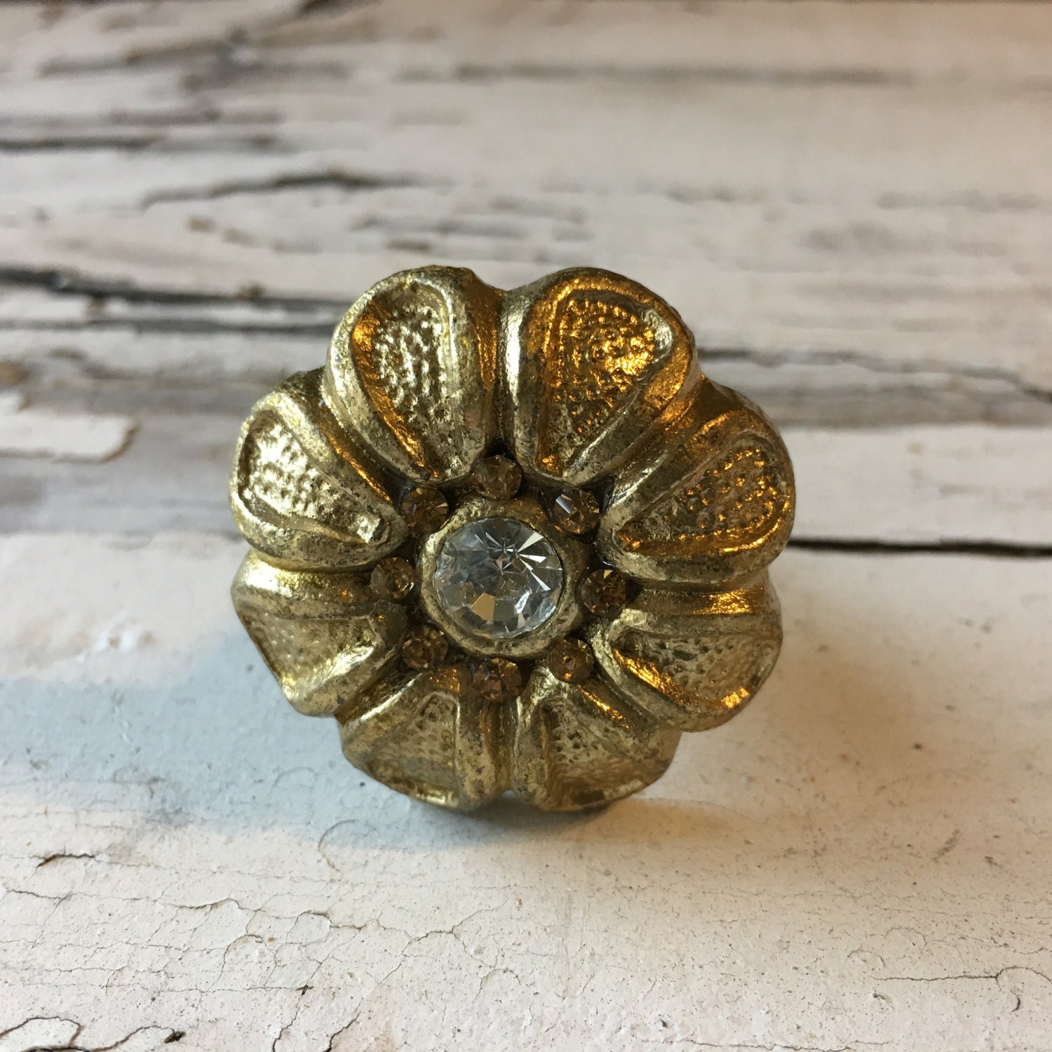 Brass Metal Knob Flower with Rhinestones Furniture Pull