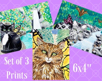 Fairy Cat Prints, Cat Art, Set of Prints, Set of 3 Prints of Cats, Cat Lover Gift, Set of 3 Cat Prints, Set of Three Prints, Cute Cat Gift