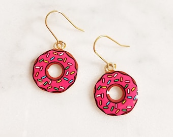 Strawberry frosted Donut Brass Dangle Earrings,Adorable, Cute and Fun, Food Earring