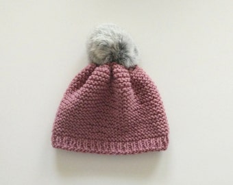 Dusty pink cotton baby beanie grey fur pompon. Hats for kids, pink Baby hat, handmade baby clothing, cotton hat, new born clothes, baby gift