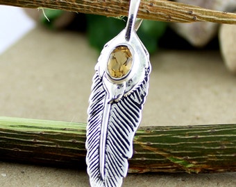 Citrine Pendant, Feather Design, Wings jewellery, Yellow Gemstone, solid silver, oval faceted, party wear pendant necklace, wedding gifts