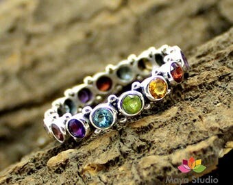 chakra silver band ring, blue topaz, peridot, garnet, citrine, amethyst, honey citrine, multi gemstone ring, sterling silver wedding band