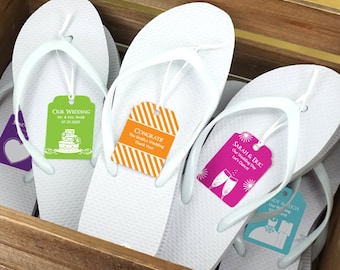 Wedding Flip Flops with Personalized Tag, White Flip Flops - Set of 6, Assorted Sizes