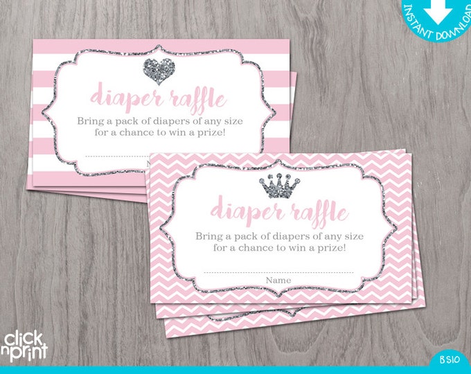 Diaper Raffle Ticket Pink and Silver Glitter Print Yourself Princess Baby Shower, Diaper Raffle Card, Baby Shower Games, Baby Shower Decor