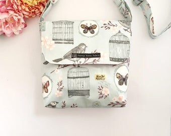 Bird cage purse, bird handbag, bird print, baby blue bag, bird gifts, crossbody bags, fabric bags, fabric handbags, oilcloth bag