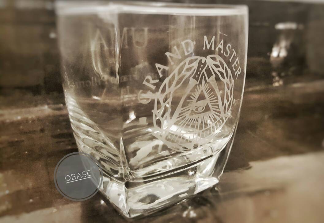 Custom etched square drinking glasses/ Grand Master Mason
