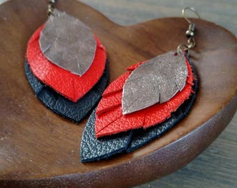 Copper Orange and Navy Layered Leather Earrings - Gold Feather Earrings - Red Orange Navy Layered Earrings - Lovespangle