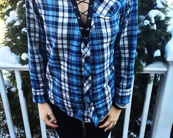ON SALE! Vintage Light Blue Lace-Up Flannel