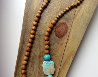 Sandalwood & Aqua blue Magnestite long necklace