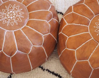 Set Of 2 Tan Moroccan Poufs, High Leather Quality, Ottoman - Unfilled