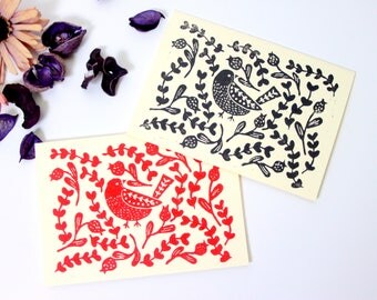 Folk art bird greeting card, lino print art, floral greeting card, birthday card, block printed card, handmade postcard, bird folk art print