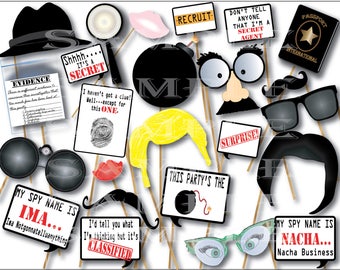 Secret Agent Photo Booth Props Printable Spy Party Fedora Disguises Binoculars Captions Passport Evidence Bag Mustache Magnifying Glass Bomb