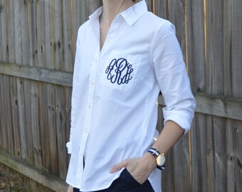 Monogrammed Button Down Shirt, Monogrammed Shirt, Monogrammed Button Up Shirt, Monogrammed White shirt, Long sleeve button up, Womens tops