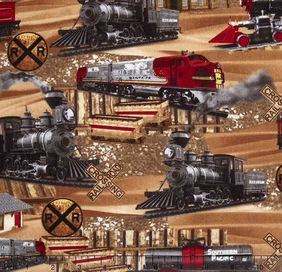 Train Fabric Railroad Old Trains on Brown Steam