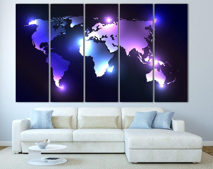 Large Modern Neon light World Map Canvas Print \ 1,3,4 or 5 Panels on Canvas Wall Art for Home or Office Decoration & Interior design