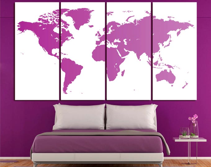 Purple on white large world map art print wall decor, world map canvas wall art set home decor, purple large world map print abstract art
