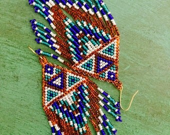 Seed Bead Earrings, Fringe Earrings, Native American Beaded Earrings, Seed Bead Jewelry, Long Earrings,Dangle and Drop Earrings