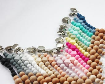 Silicone & Wood DUO Pacifier Baby Teether Holder Clip - Mordedor - Chupetero - Schnullerkette - Attache tétine - Portaciuccio - Dummy chain