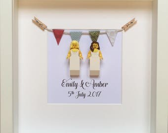 LEGO® Personalised Lesbian Wedding Gift Mrs & Mrs Same Sex LEGO® Minifigure Couple Frame, Unique and Handmade
