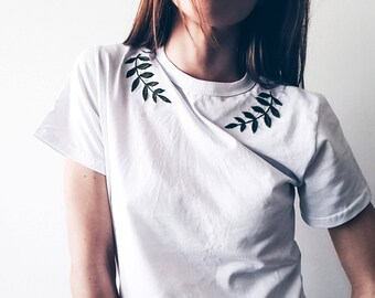 Leaves hand embroidery t-shirt woman clothes girl clothes Floral embroidery Embroidery art 100% cotton tshirt white t-shirt Hand Embroidery