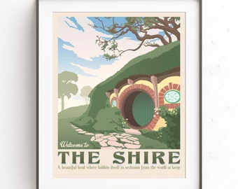 The shire poster. The lord of the rings. Hobbiton retro travel. The hobbit film. Middle earth. Tolkien illustration. Bilbo bolson.