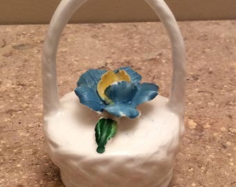Vintage pottery basket-flower-blue-yellow-collectible-figurine-knick knack-antique-miniature