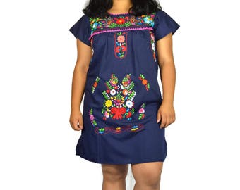 Hand Embroidery mexican Dress, Boho chic minidress, Folk Fabric flowers, Mexican tunic traditional embroidery, mini dress