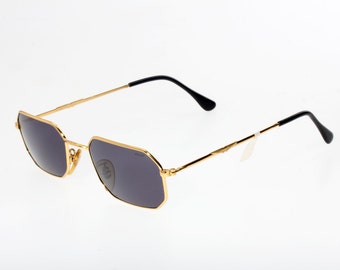 Cool Police octagonal sunglasses, very light golden metal frames with carved brand details, black temple tips, Made in Italy, NOS