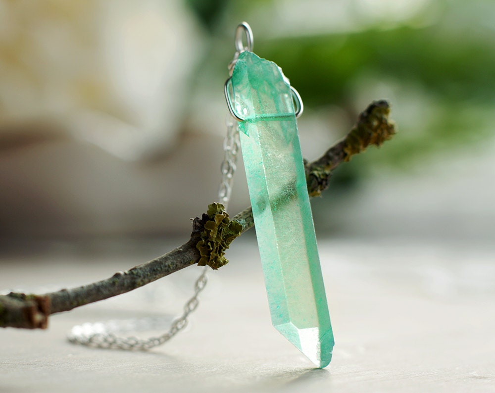 Sea green quartz pendant Sterling silver seafoam crystal