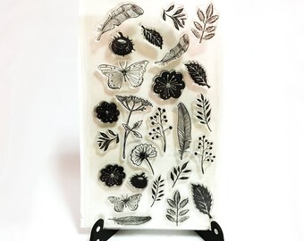 Leaves Flowers Stamp, Flora and Fauna Clear Transparent Stamp, Botanicals Rubber Stamp, Planner Journal Accessories, Feathers Clear Stamp