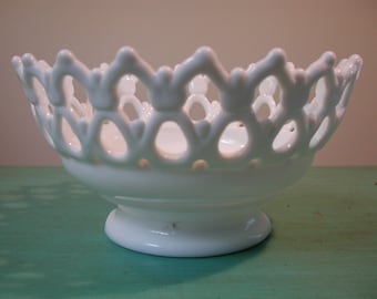 Vintage Milk Glass (Lattice/Open Weave) Footed Bowl
