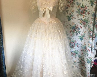Vintage 1950s Lace Wedding Dress, Crinoline, and Veil
